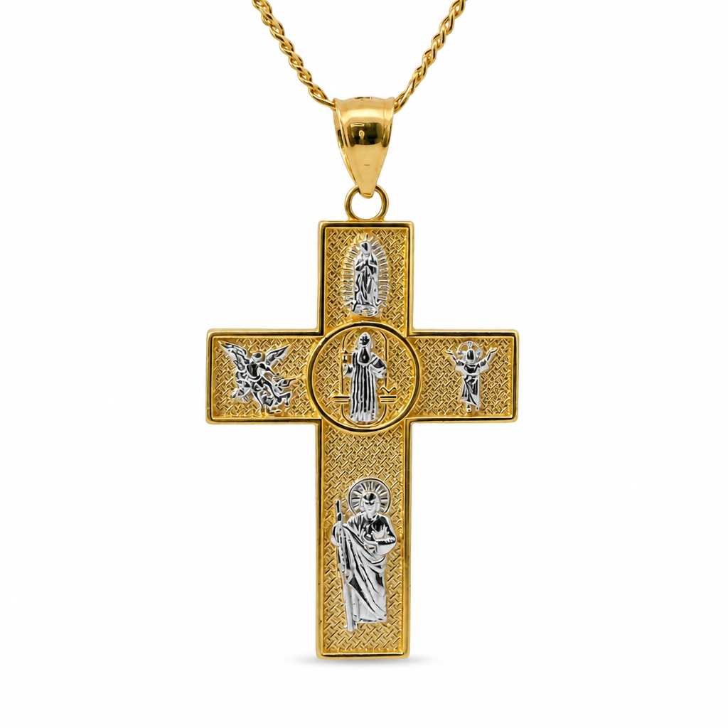 14KT Gold Charm Small Two Tone Catholic Saints Cross with Virgin Mary, St Michael, St Charbel, St Christopher, and St. Jude Center and Plain Bell