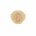14KT Gold Ring Men's Oval Two Tone Mother Mary with White CZ Stones Background, Border, and White CZ Stones Drips on Band