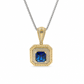 14KT Gold Charm Large Navy Blue Square Center CZ Stone Double Platform Border of Round White CZ Stones Mock Link Border and Bell