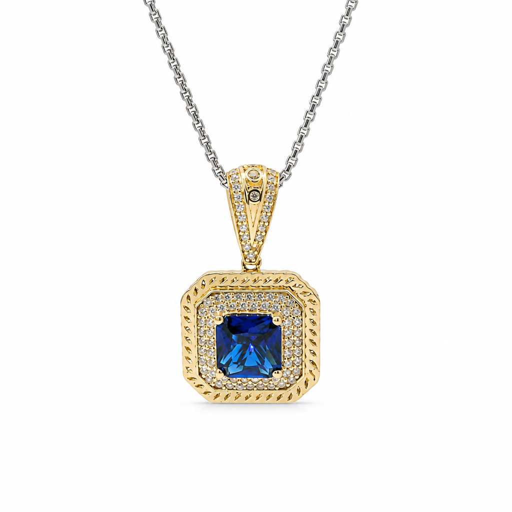 14KT Gold Charm Large Navy Blue Square Center CZ Stone Double Platform Border of Round White CZ Stones Mock Link Border and Bell