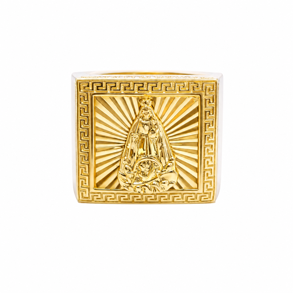 14KT Gold Ring Men's Square Caridad Cobre Sunray Background Greek Border Double Row White CZ Stones Edge Border Plain Band