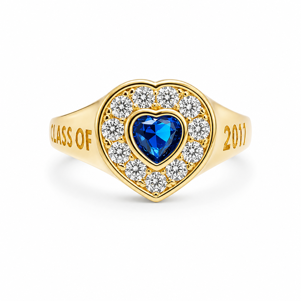14KT Gold Ring Women's "Class of 2025" Red Center Heart CZ Stone White CZ Stones Border Plain Band