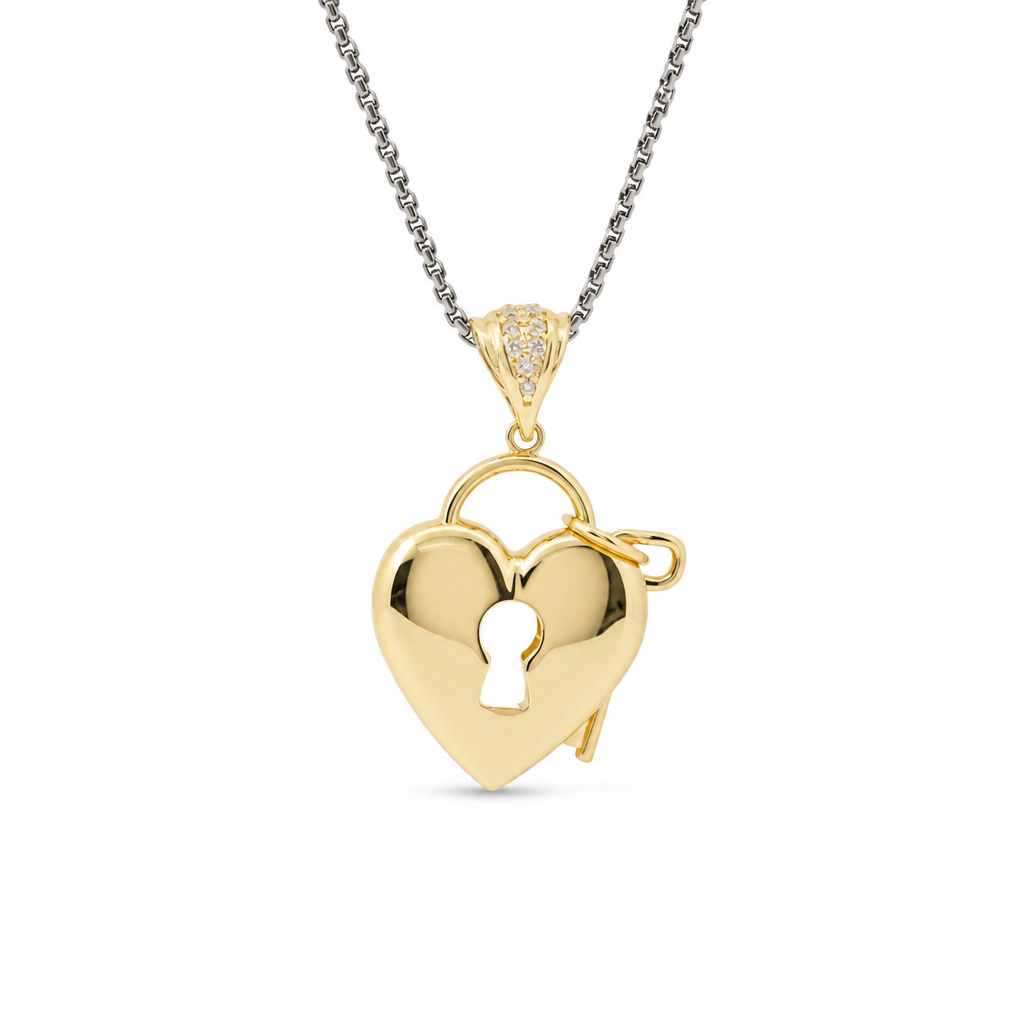 14KT Gold Charm Small Flat Back Lock and Key Puff Heart with White CZ Stones Edge and Bell