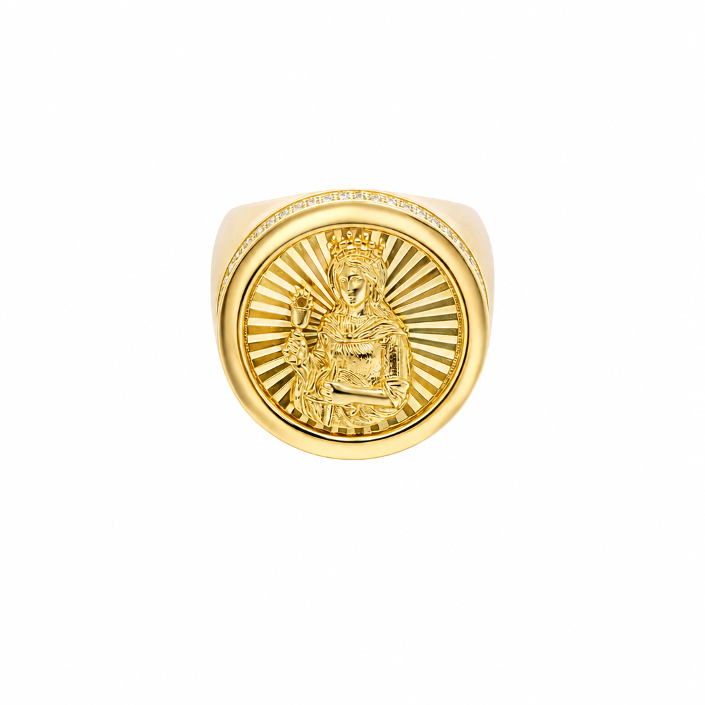 14KT Gold Ring Men's Round St Clare Sunray Background with Greek Border, Double Row White CZ Stones Edge, and Plain Band