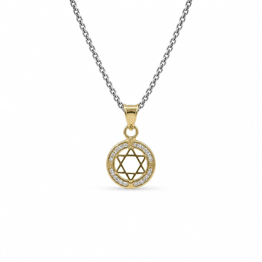 14KT Gold Charm Mini Round Open Star of David Center with White CZ Stone Border and Plain Bell