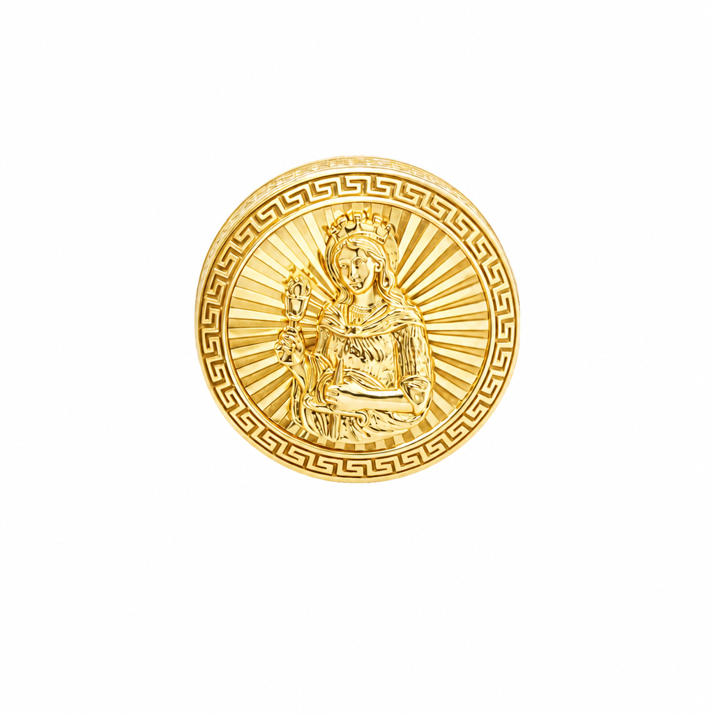 14KT Gold Ring Men's Round St Clare Sunray Background with Greek Border, Double Row White CZ Stones Edge, and Plain Band