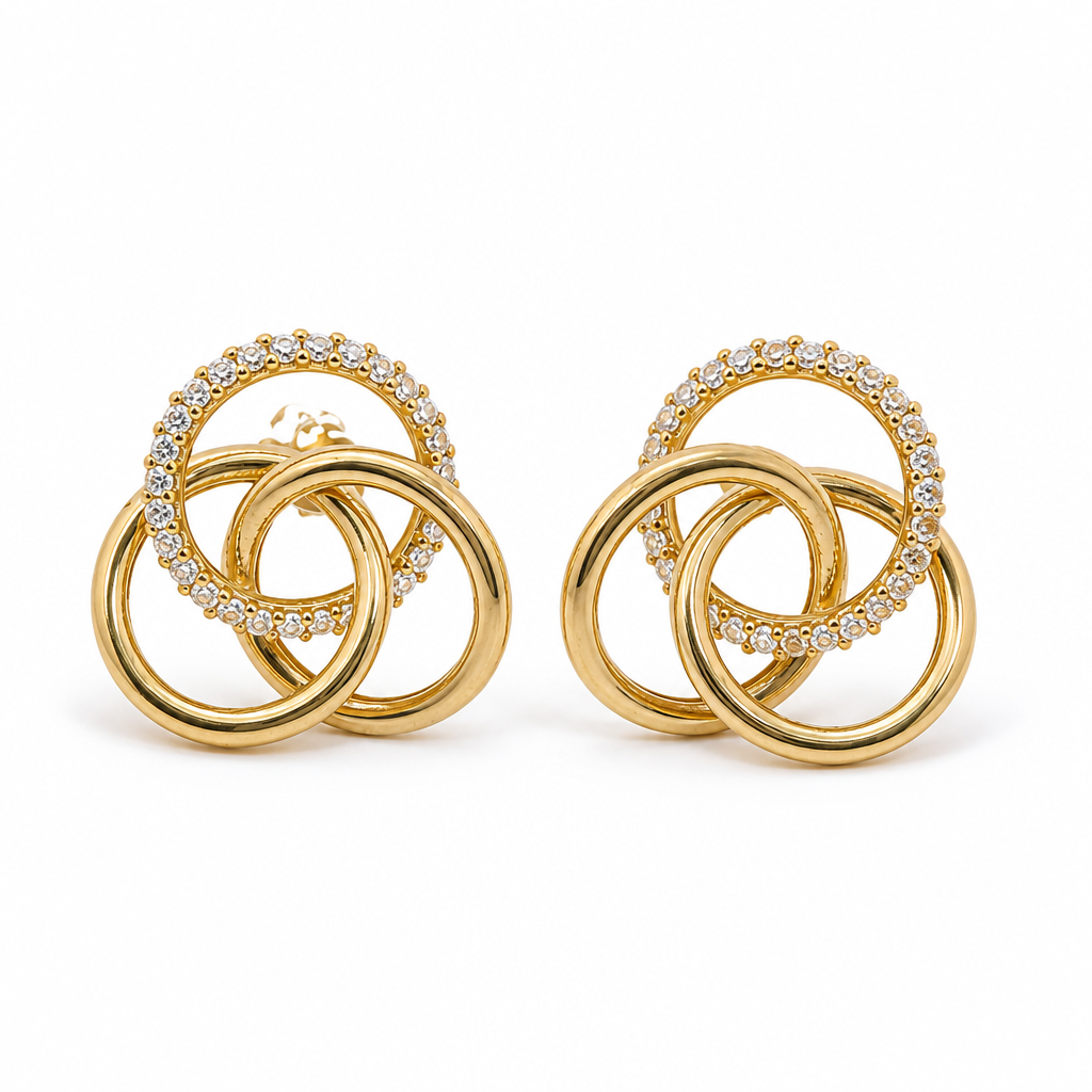 14KT Gold Earrings Small Borromean / Triskelion Triple Interlocking White CZ Stones Rings with Push Back Post and Butterfly Backs