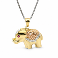 14KT Gold Charm Large Tri Tone Elephant with Pink CZ Stone Eye and Diamond Cut Rose Gold Curved Blanket Plain Bell