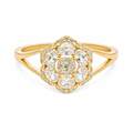 14KT Gold Ring Women's Flower Mini 6 White Oval Petals with Round White CZ Stones Center and White CZ Stone Leaf Outline Border and Plain Split Band