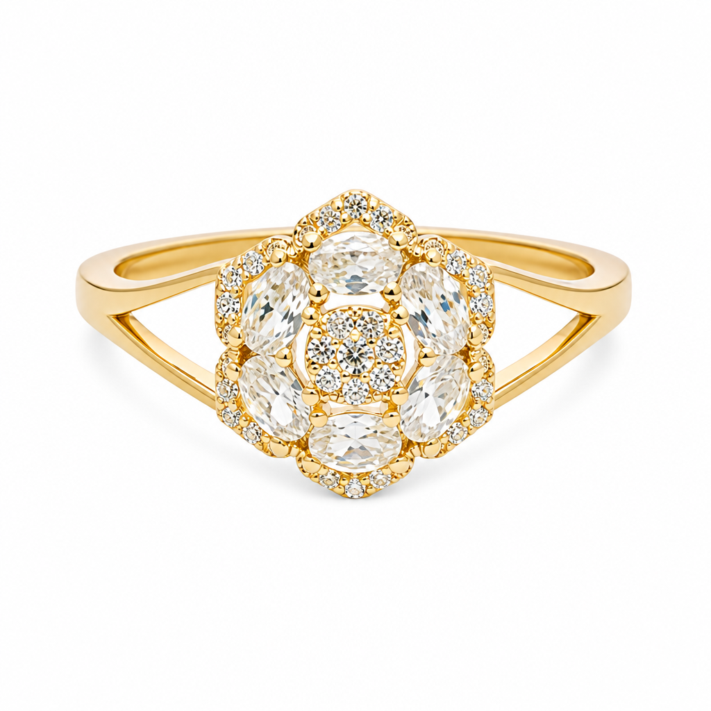 14KT Gold Ring Women's Flower Mini 6 White Oval Petals with Round White CZ Stones Center and White CZ Stone Leaf Outline Border and Plain Split Band