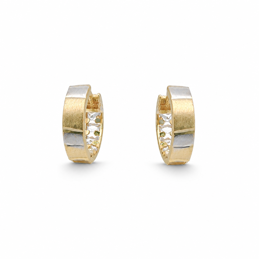 14KT Gold Earring Small White CZ Stones Single Row Hoops with Two Tone Color Block Diamond Cut Back Huggie
