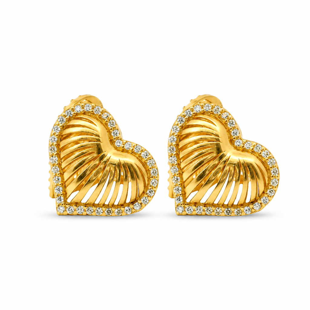 14KT Gold Ring Women's Plain Ribbed Seashell Heart with Push Back Post and Butterfly Backs
