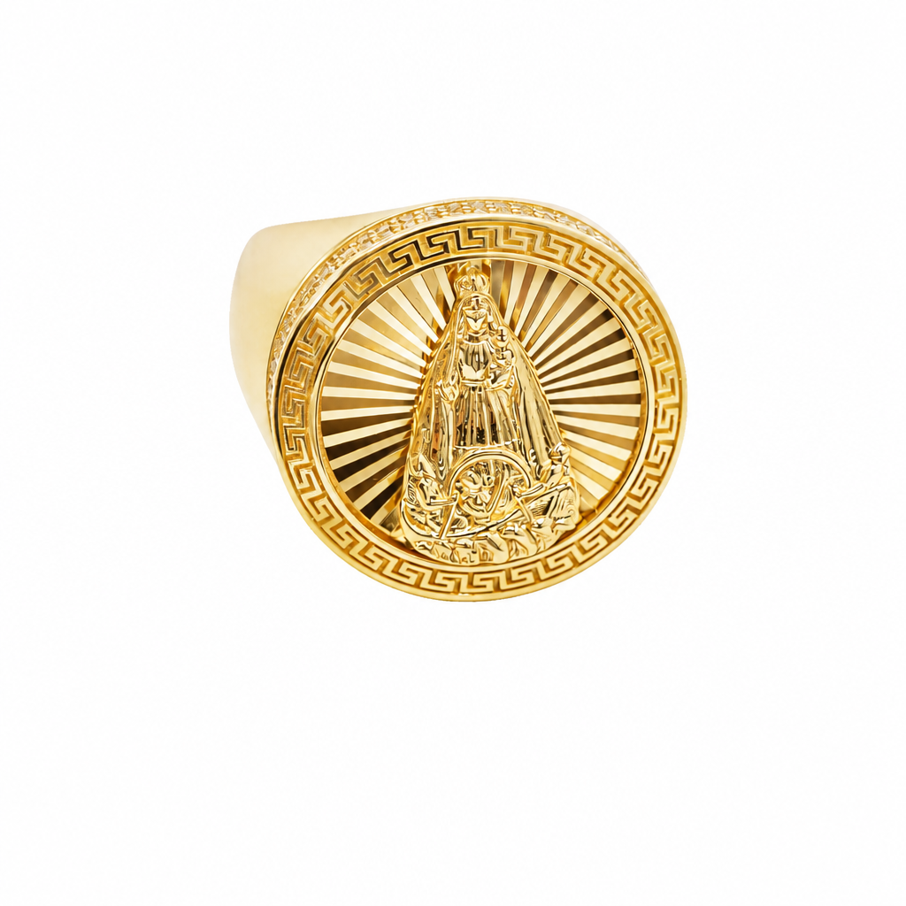 14KT Gold Ring Men's Round Caridad Cobre Sunray Background with Greek Border, Single Row White CZ Stones Edge, and Plain Band