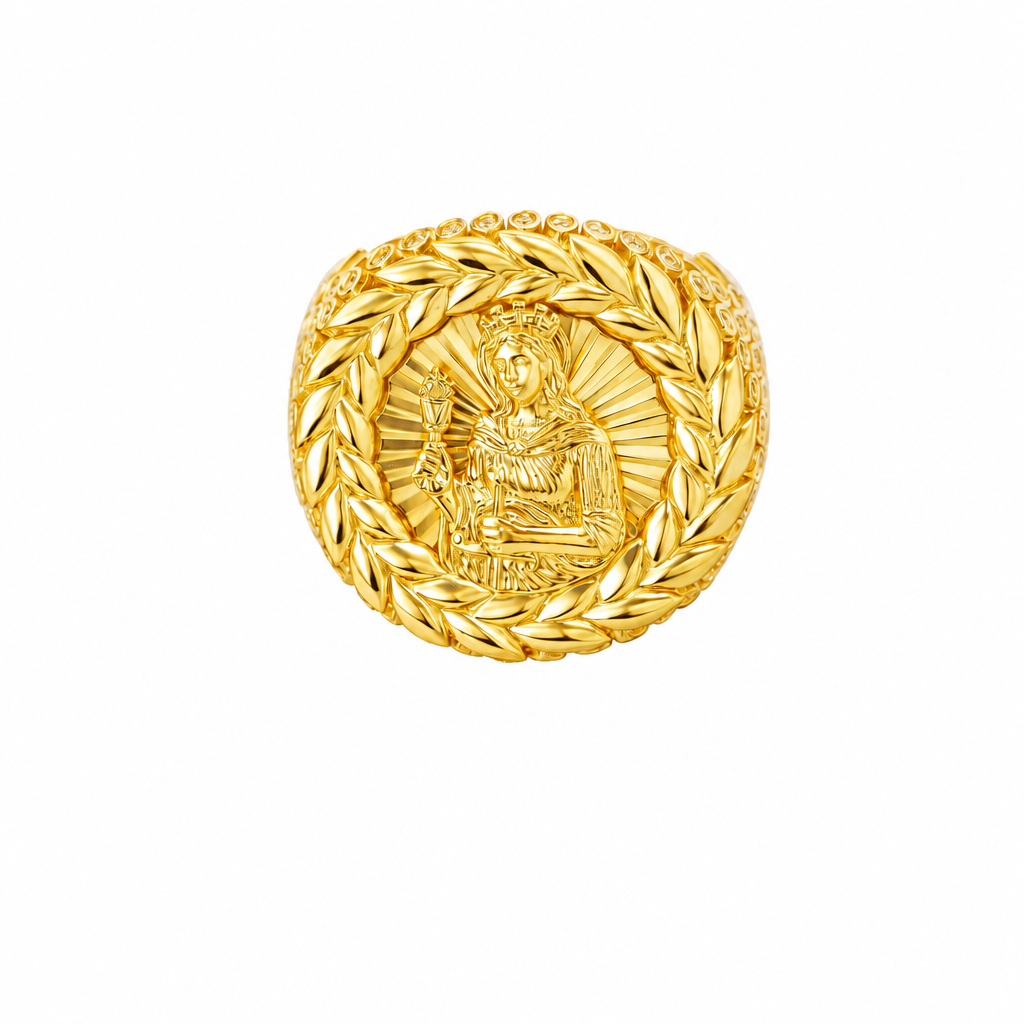 14KT Gold Ring Men's Round St Clare Wreath Border, Sunray Background, and White CZ Stones Leaf Pattern on Band (Two Round White CZ Stones in each Leaf)