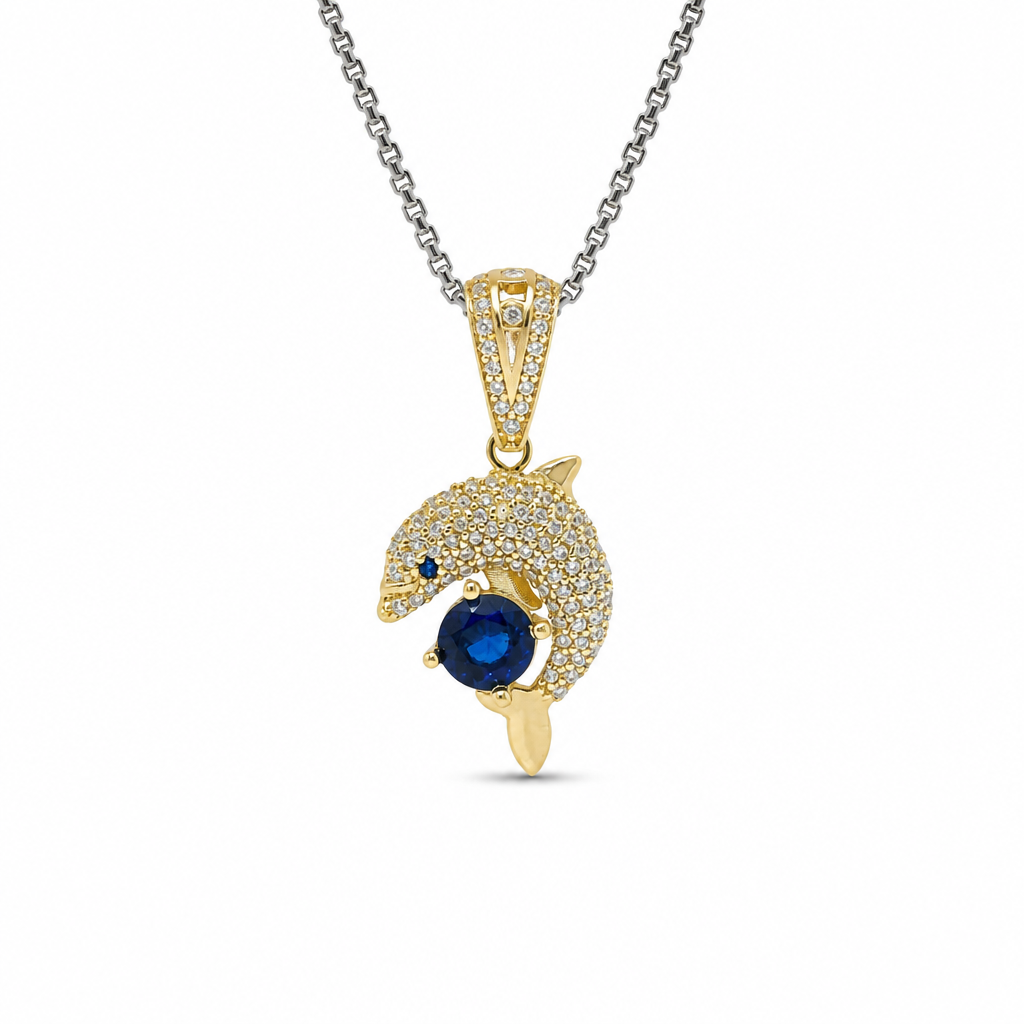 14KT Gold Charm Medium 3D Dolphin with Royal Blue CZ Stone Center, White CZ Stones Body, and Bell