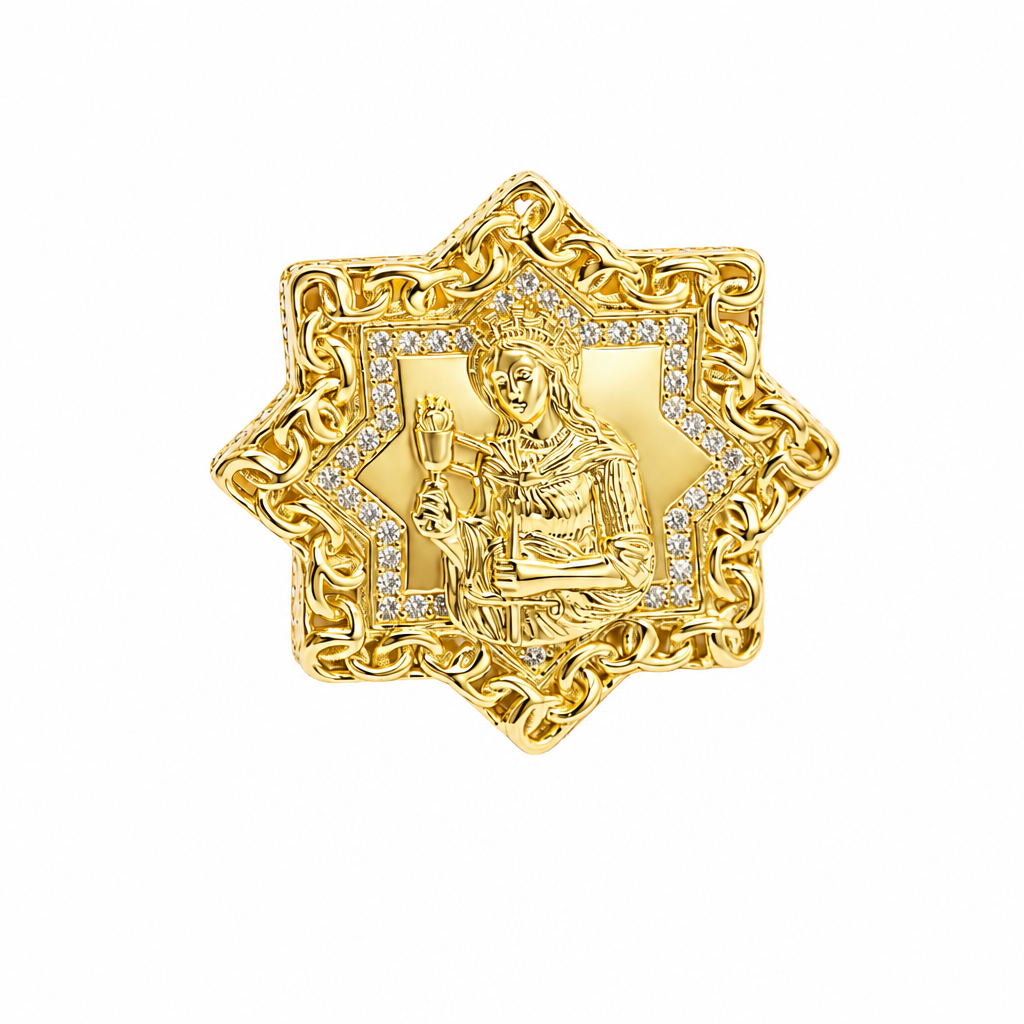 14KT Gold Ring Men's St Clare Star of David with White CZ Stones Chino Link Border and Plain Band