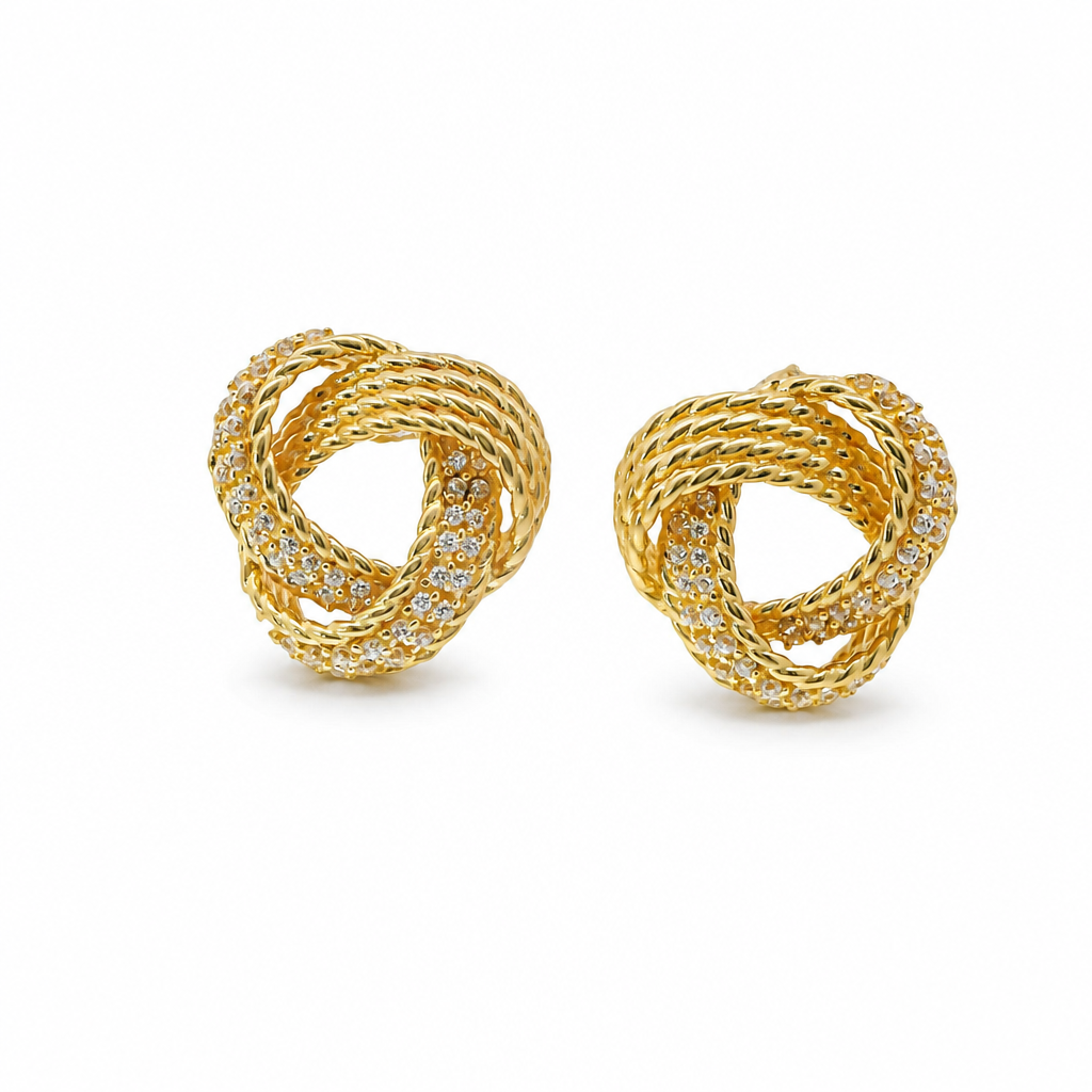 14KT Gold Earrings Medium Open Center Four Strand Flattened White CZ Stones Braided Notched Cords Knot with Push Back Post and Butterfly Backs