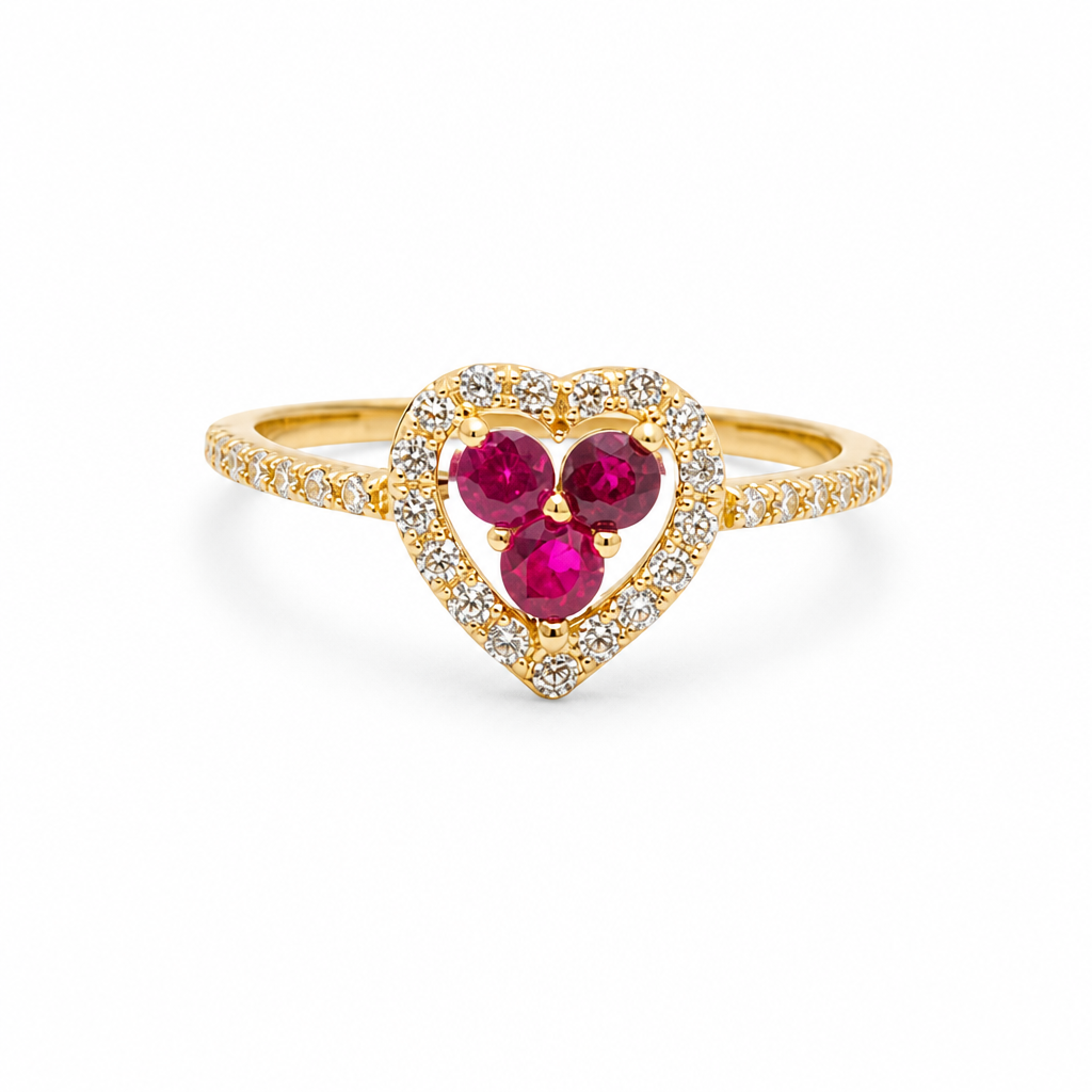 14KT Gold Women's Ring Round Red Center Stone with White CZ Stone Border Chino Band
