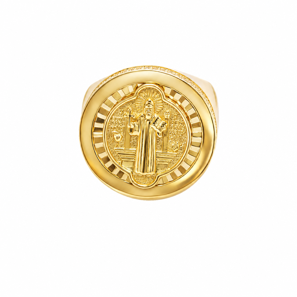 14KT Gold Ring Men's Round St Benito Sunray Background with Plain Border, Double Row White CZ Stones Edge, and Plain Band