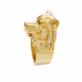 14KT Gold Ring Men's Jumbo Wolf Ring with White CZ Stones Fur and Green Eyes