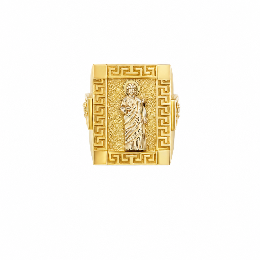 14KT Gold Ring Men's Two Tone Rectangle Raised St Jude Greek Border Band Design St Jude Portrait Plain Border and Band