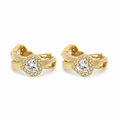 14KT Gold Earring Medium White CZ Stones Heart Center with White CZ Stones Border Huggie