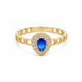 14KT Gold Ring Women's Pear Navy Blue Center Stone with White CZ Stone Border Chino Band