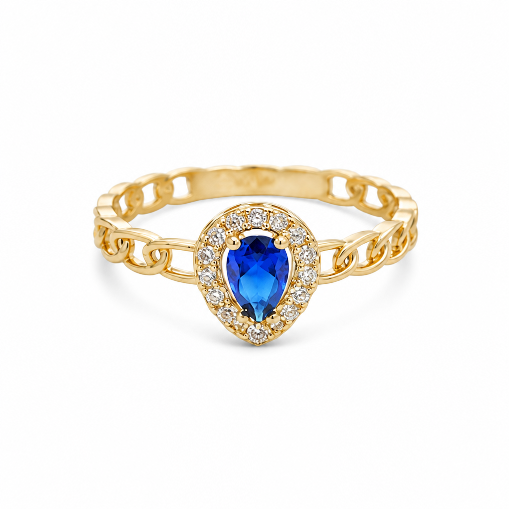 14KT Gold Ring Women's Pear Navy Blue Center Stone with White CZ Stone Border Chino Band
