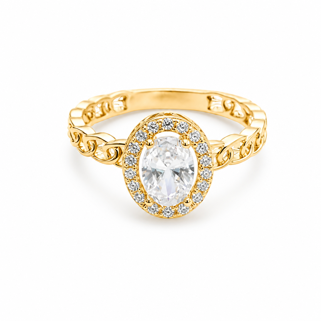 14KT Gold Ring Women's Oval White Center Stone with White CZ Stone Border Chino Band