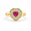 14KT Gold Ring Women's "Class of 2025" Red Center Heart CZ Stone White CZ Stones Border Plain Band
