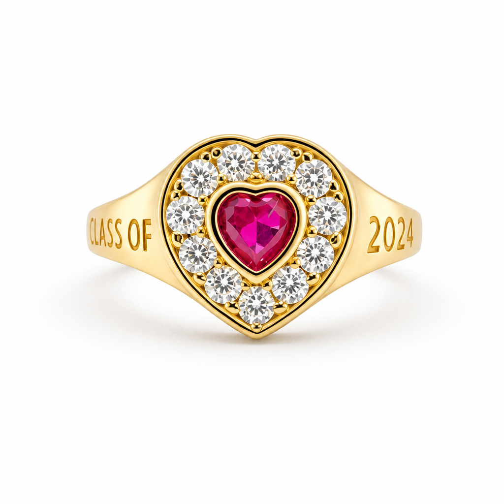 14KT Gold Ring Women's "Class of 2025" Red Center Heart CZ Stone White CZ Stones Border Plain Band