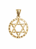 14KT Gold Charm Large Open Diamond Cut Star of David Center, Round Diamond Cut Border and Plain Bell