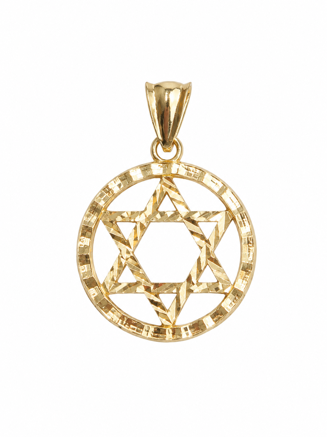 14KT Gold Charm Large Open Diamond Cut Star of David Center, Round Diamond Cut Border and Plain Bell
