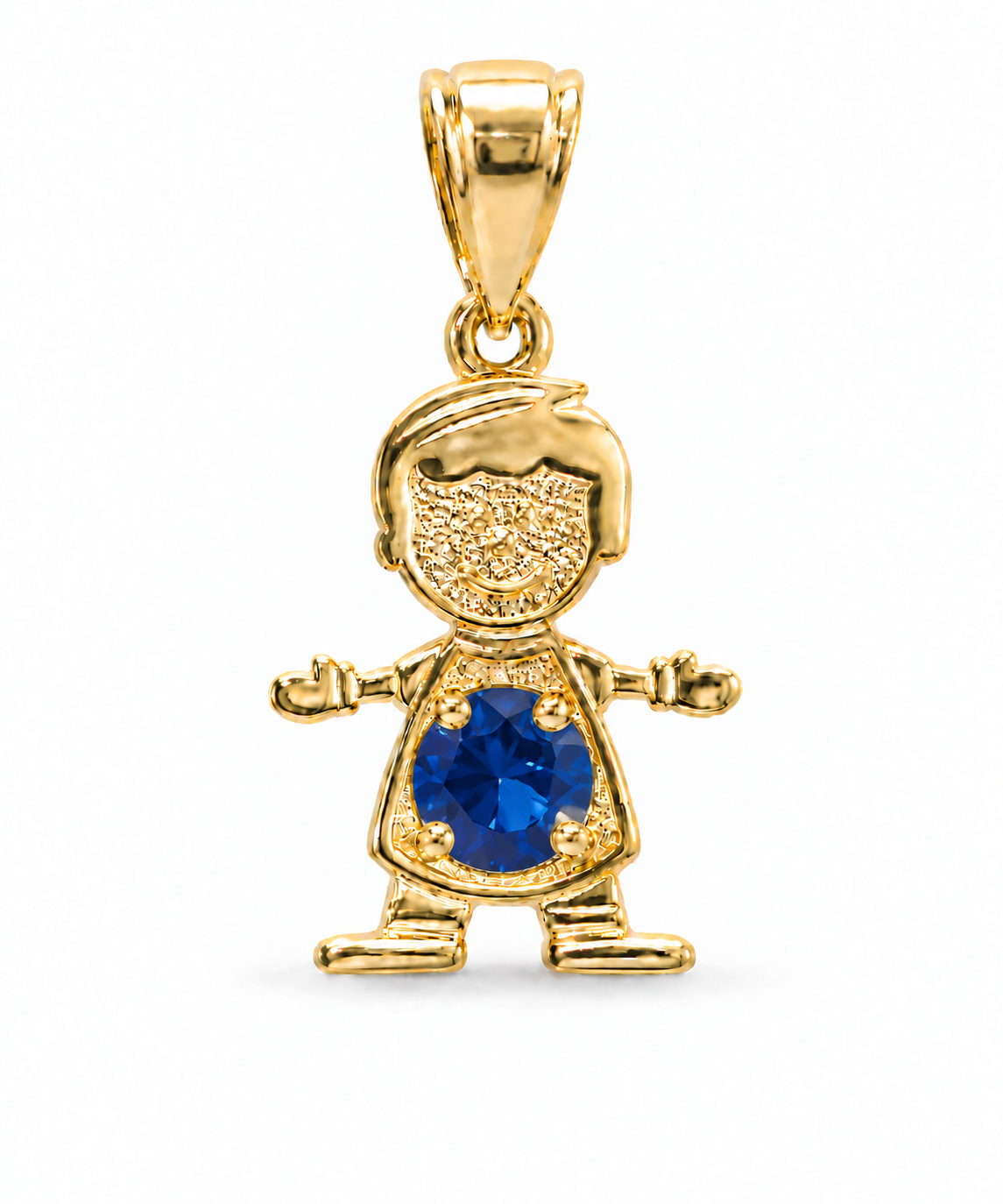 14KT Gold Charm Boy with Royal Blue CZ Stone Belly and Plain Bell