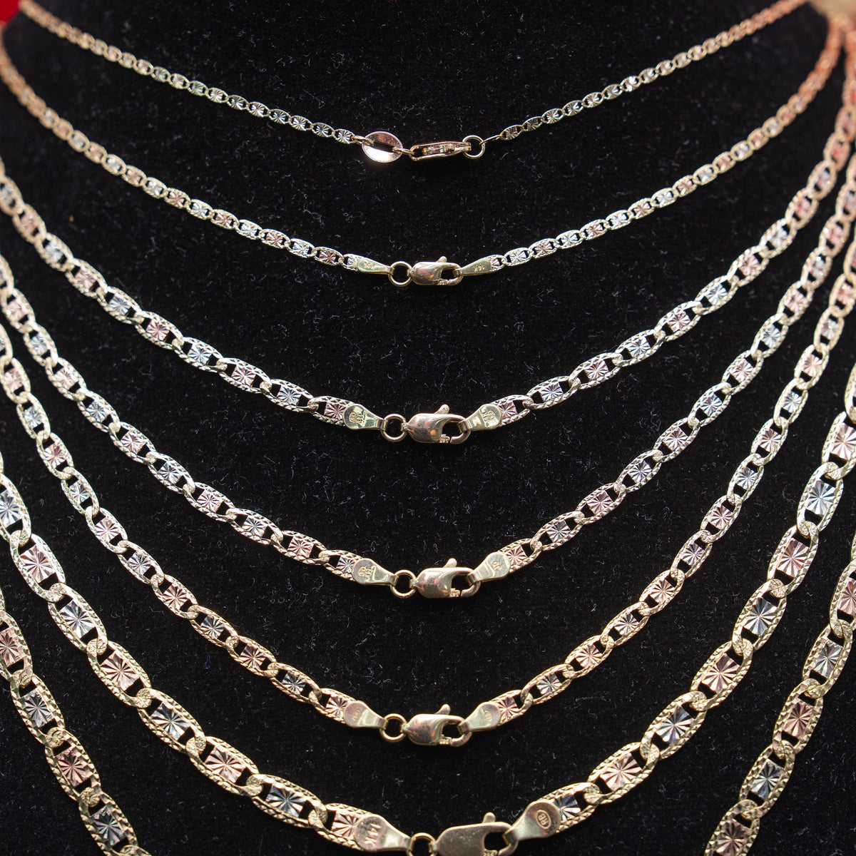 14KT Gold Chain Solid Tri Tone Square Valentino with Diamond Cut Edge and Lobster Clasp 2.5mm