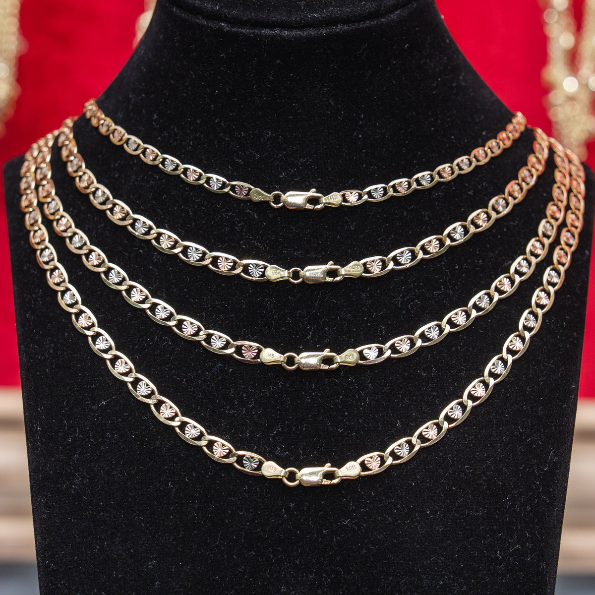 14KT Gold Chain Solid Tri Tone Heart Valentino with Plain Edge and Lobster Clasp 5.5mm