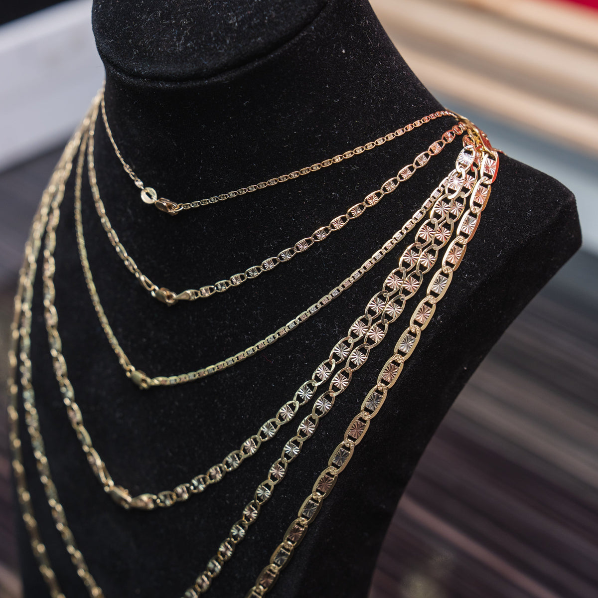 14KT Gold Chain Solid Tri Tone Square Valentino with Plain Edge and Lobster Clasp 1.5mm