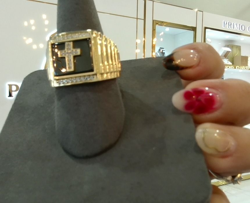 14k Gold Black Stone Cross w/CZ Diamonds Ring #11