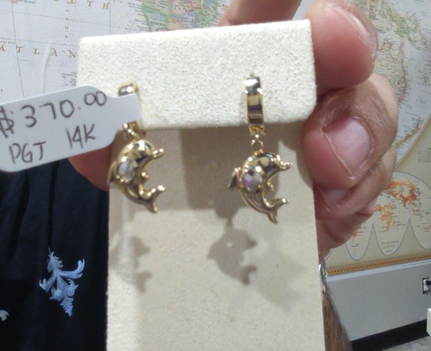 14K Dangling Dolphin Hoops
