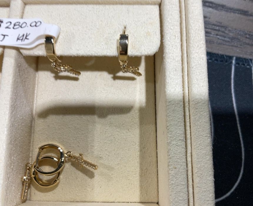 14K Gold CZ Dangling Cross Hoops